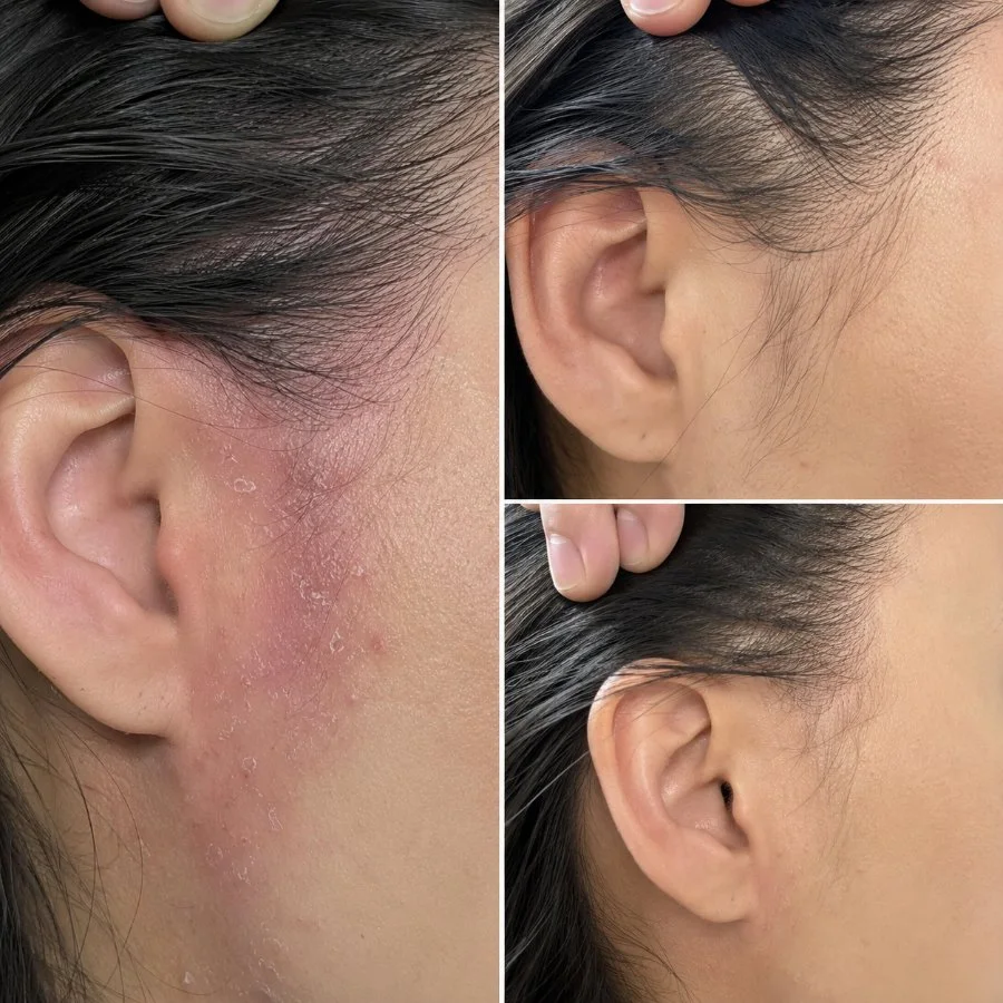 Behind the ear before and after: eczema patch cleared