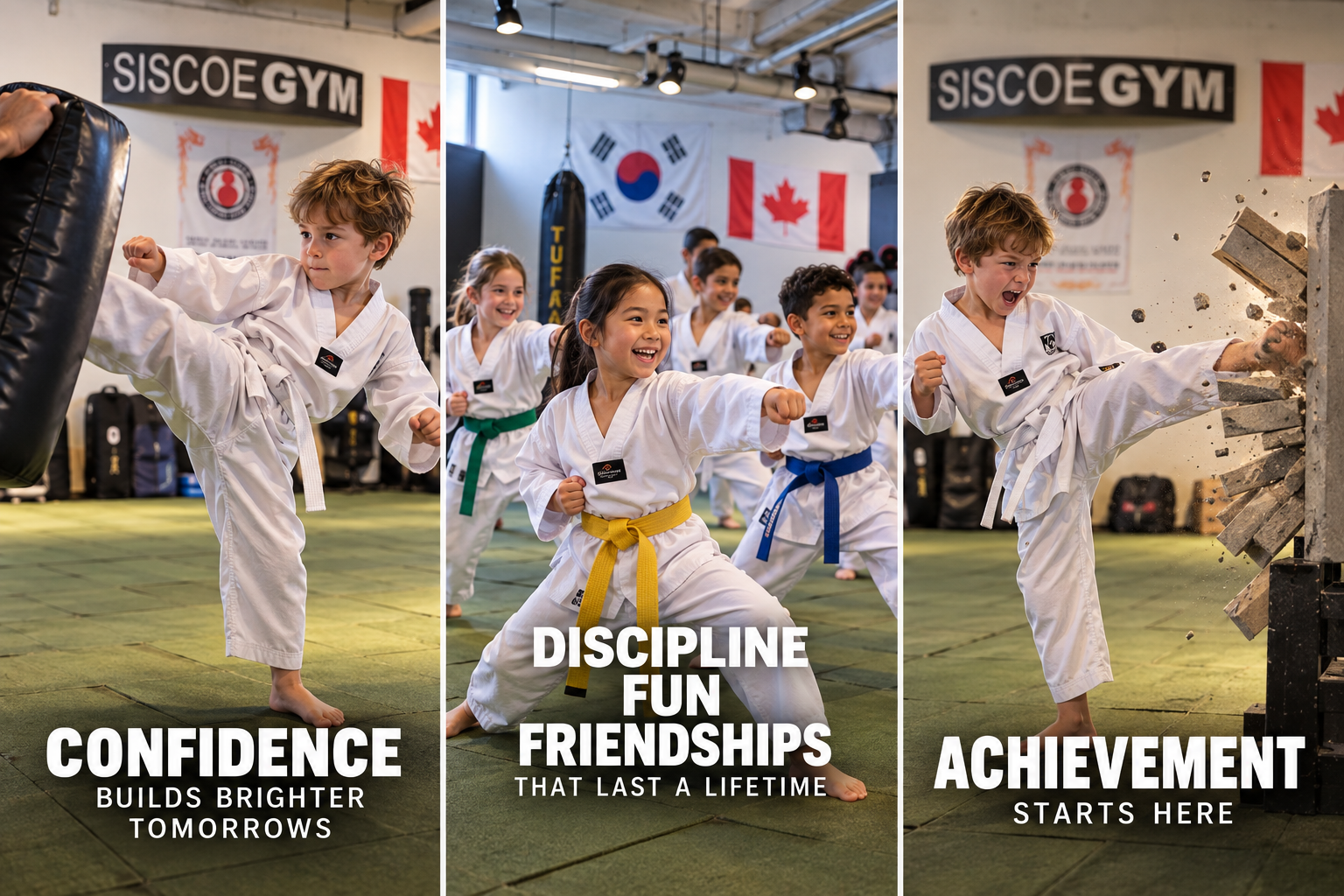 Children training Taekwondo together at SISCOE Academy in Montréal