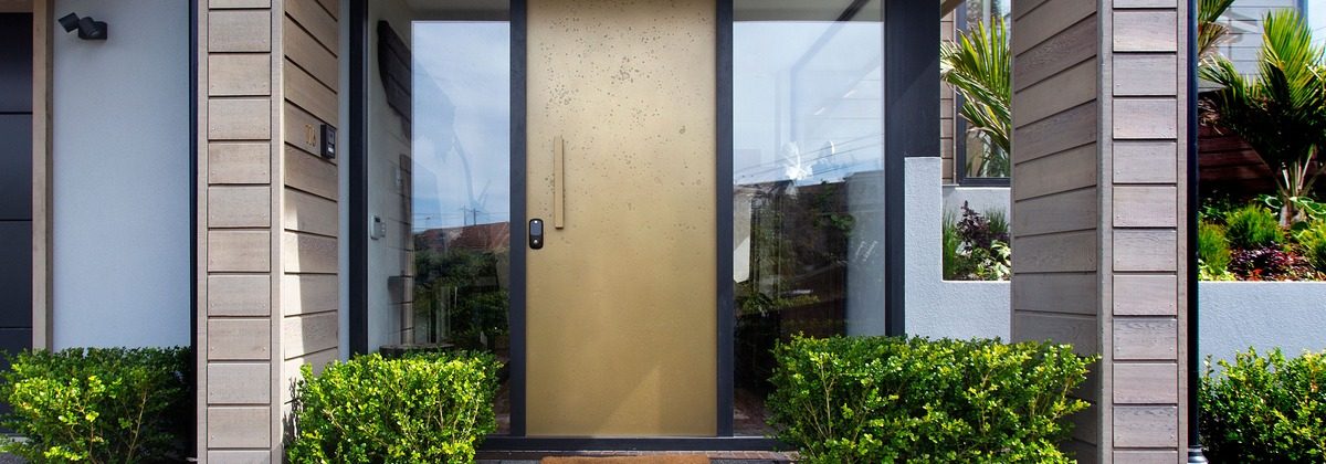 Contemporary front entry door with sidelites