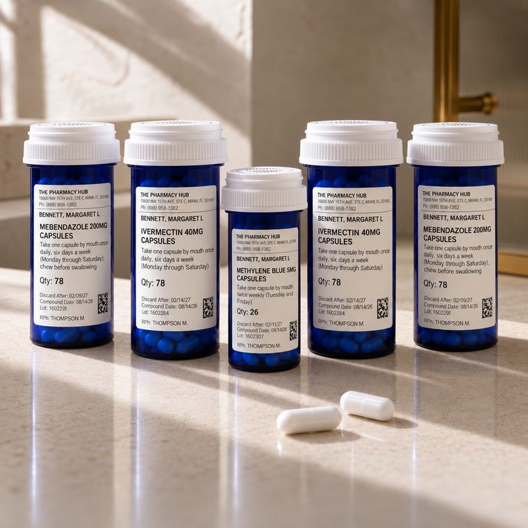 Level 3 kit: ivermectin, mebendazole and methylene blue prescription bottles