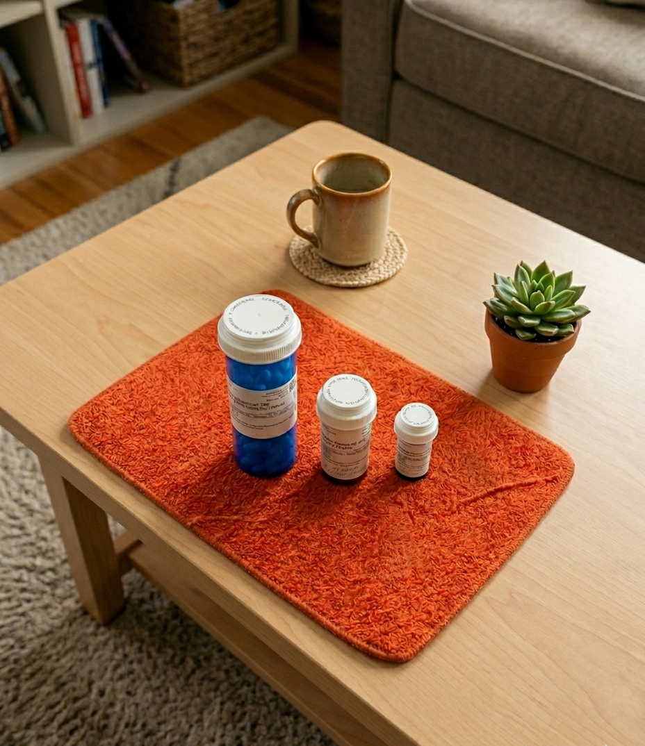 Prescription medication bottles with pharmacy paperwork