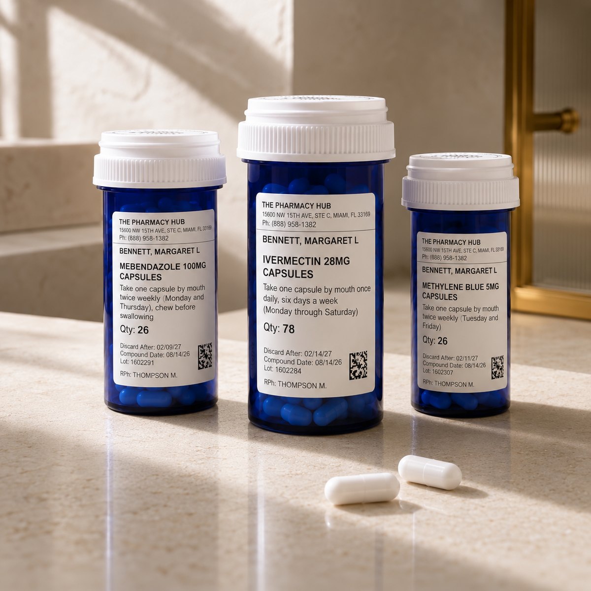 Ivermectin, mebendazole and methylene blue prescription bottles
