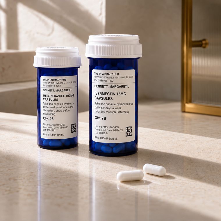 Level 1 kit: ivermectin and mebendazole prescription bottles
