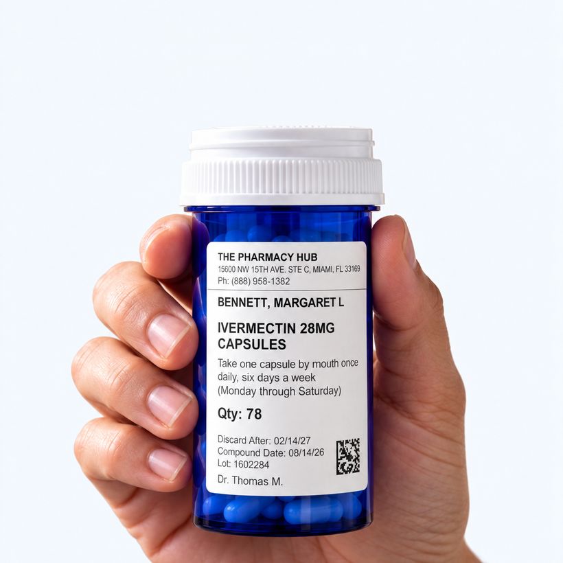 A hand holding an ivermectin prescription bottle with the patient's name on a Pharmacy Hub label