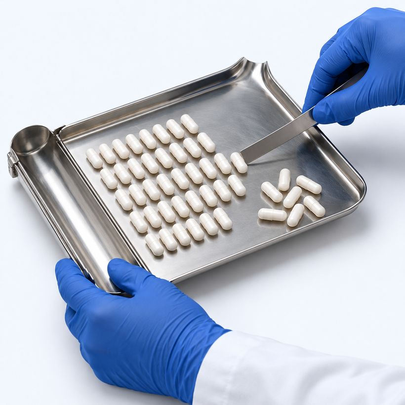 A pharmacist's gloved hands counting capsules on a steel tray