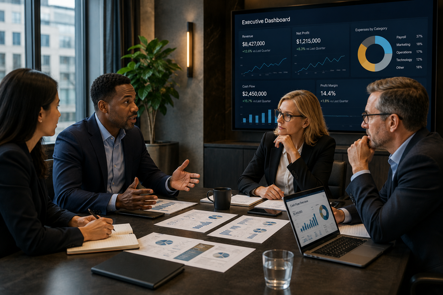 Small leadership team discussing growth plans around a conference table Small leadership team discussing growth plans around a conference table