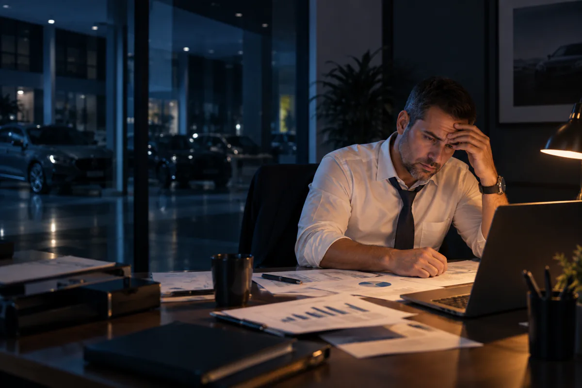 Director comercial solo en su oficina de la agencia, de noche, revisando reportes de ventas con preocupación