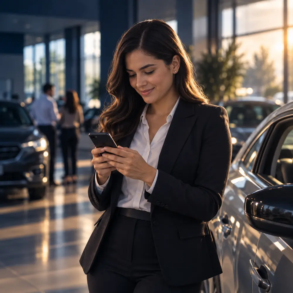 Asesora de ventas revisa un mensaje en su celular junto a un auto en el piso de exhibición