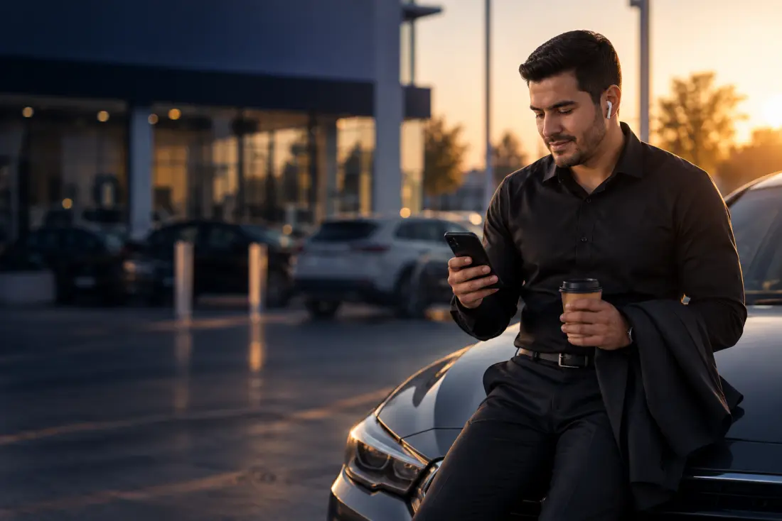 Vendedor de autos viendo su celular afuera de la agencia, con un café en la mano