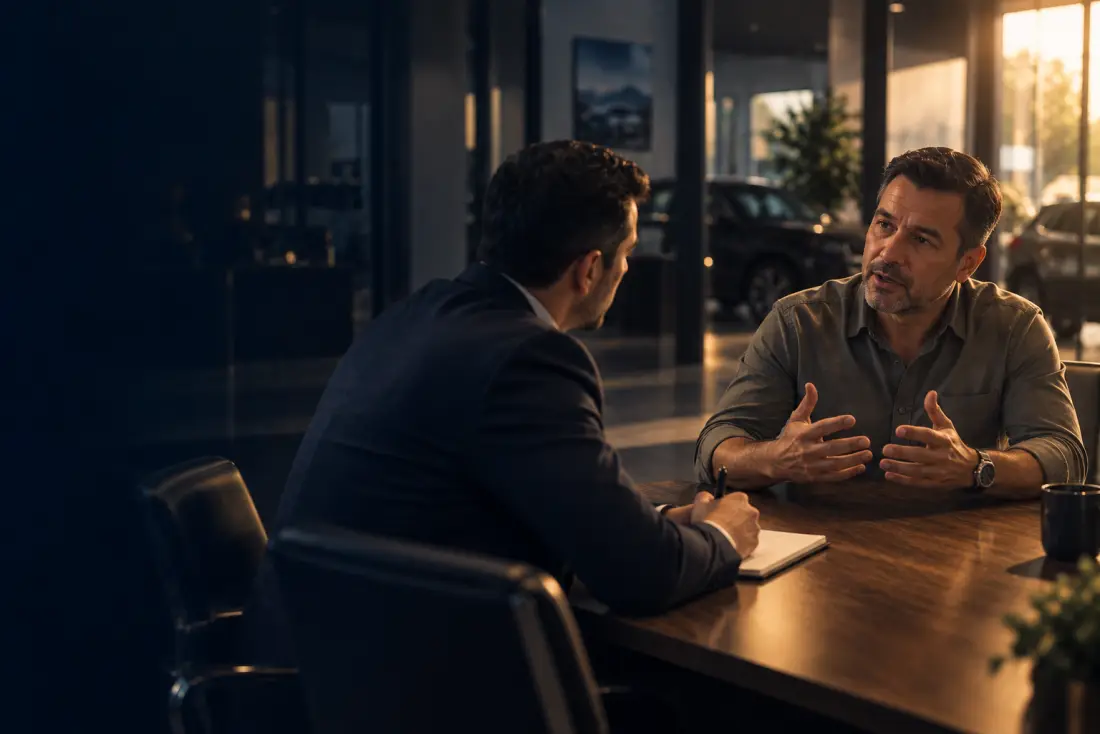 Asesor de ventas y cliente conversando sentados en la agencia