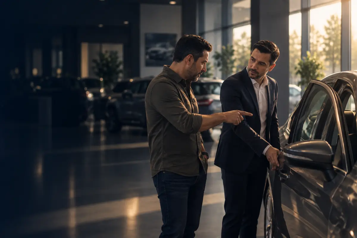Cliente señalando el auto mientras el asesor lo escucha a media presentación