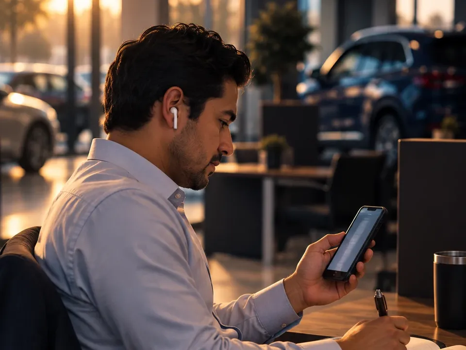 Vendedor con audífonos revisando una lección en su celular y tomando notas en su escritorio del showroom