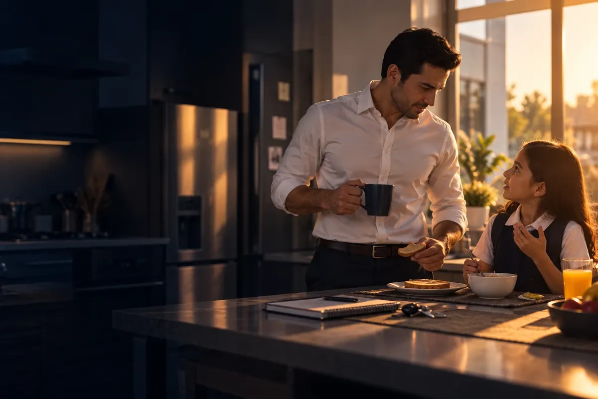 Asesor de ventas desayuna con su hija antes de salir a la agencia, con su libreta sobre la mesa