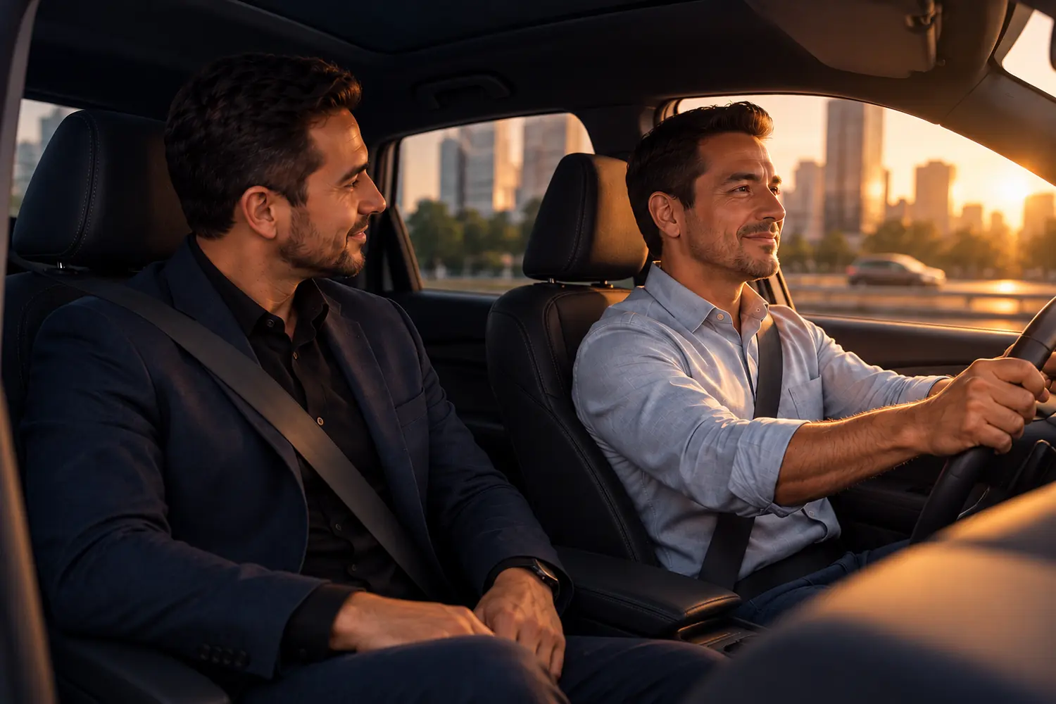 Un asesor de ventas de copiloto sonríe mientras el cliente maneja el auto en una prueba de manejo al atardecer
