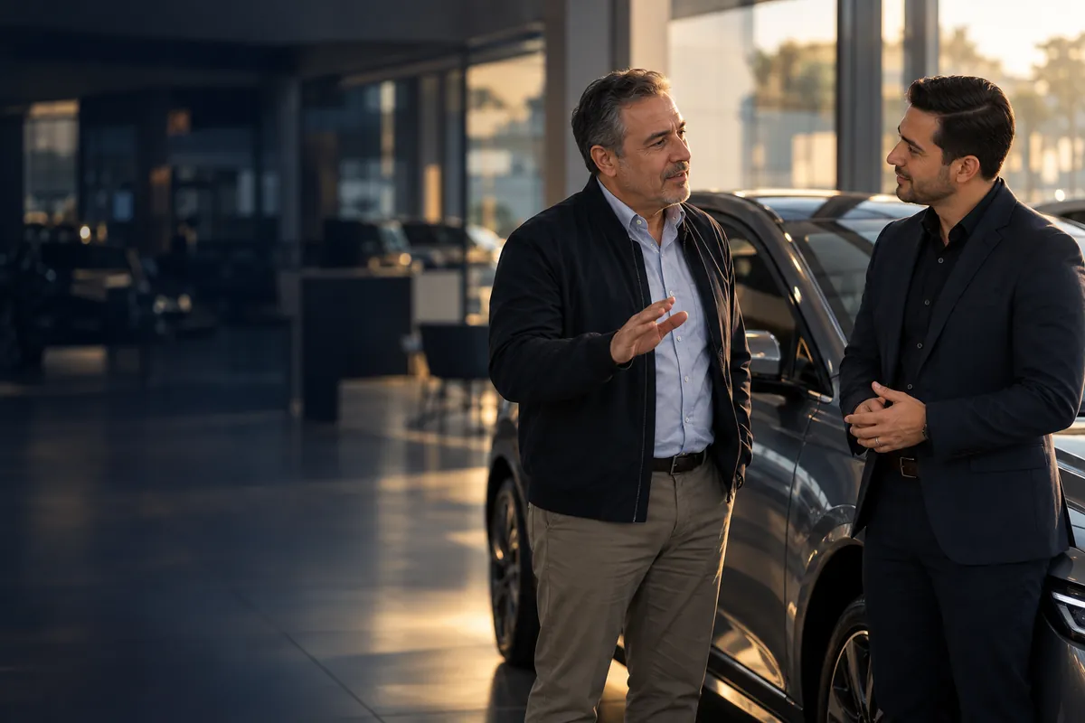 Un asesor y un cliente conversan de pie junto a un auto en el showroom