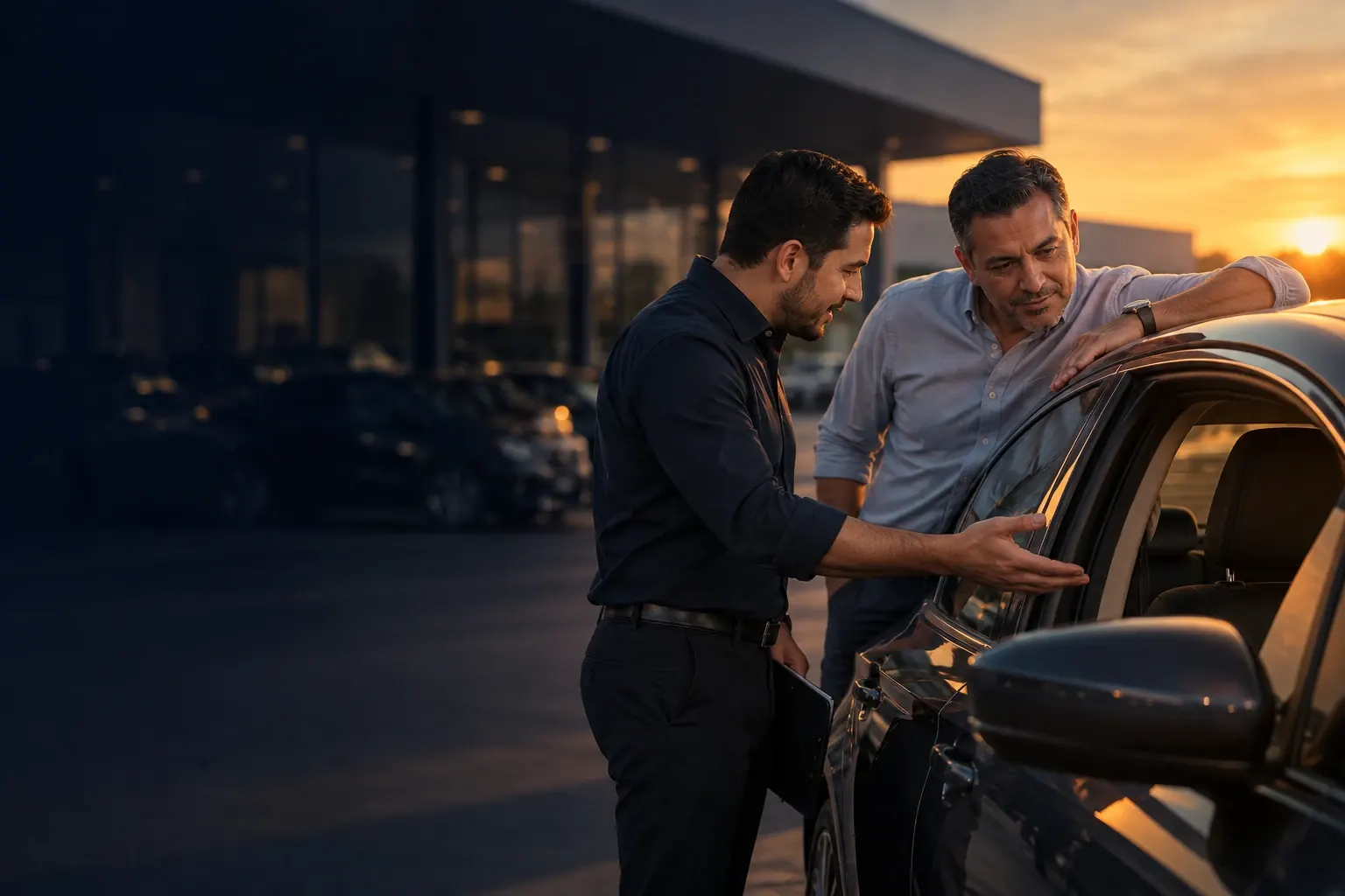 Un asesor y un cliente conversan junto a un auto frente a la agencia al atardecer