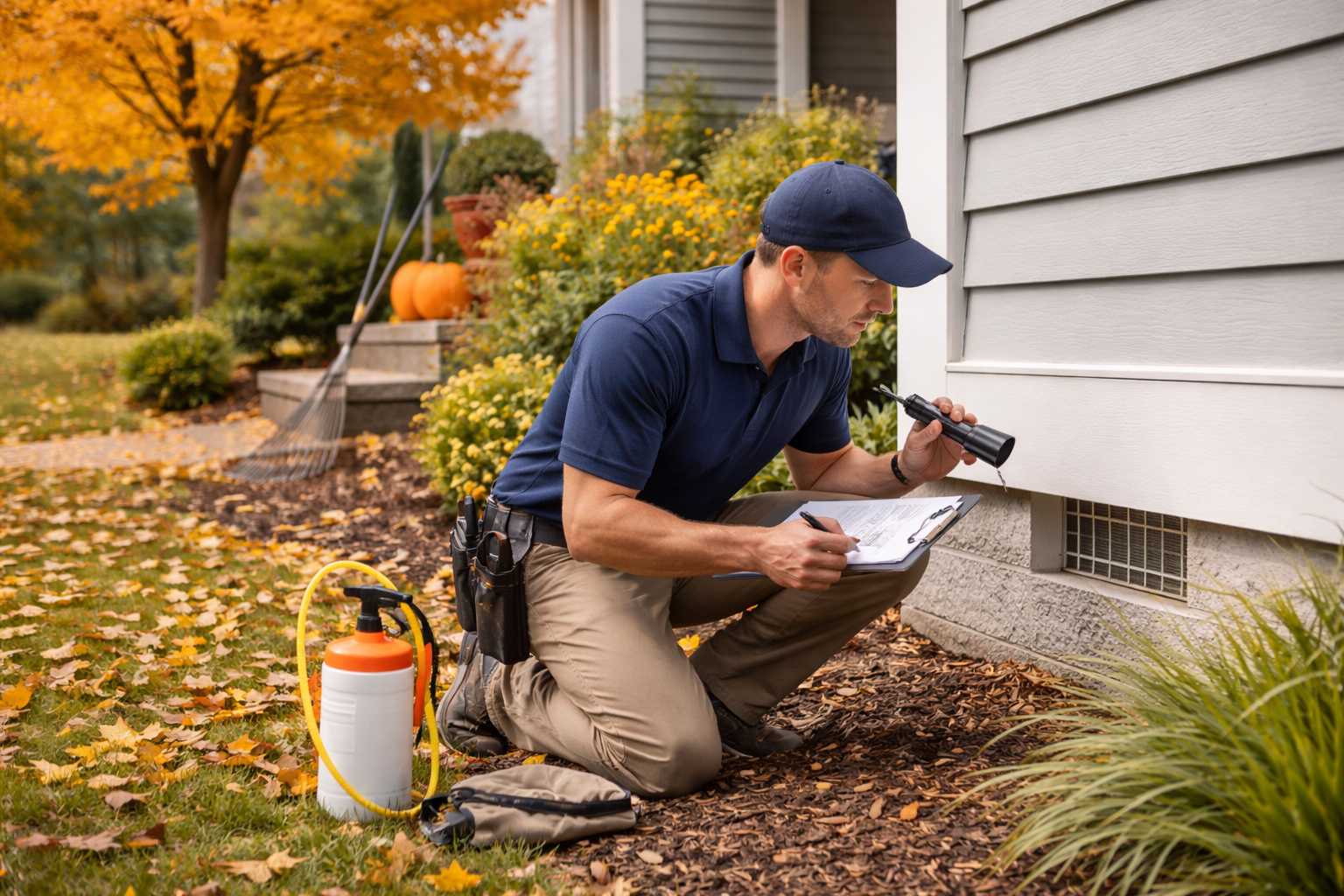 Pest control technician inspecting home foundation during fall seasonal maintenance in PNW Pest control technician inspecting home foundation during fall seasonal maintenance in PNW