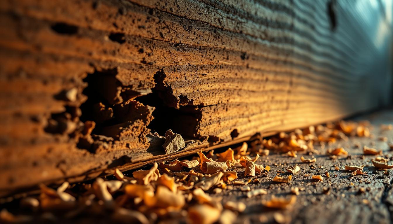Wooden baseboard with visible chew marks caused by rodents living inside walls.