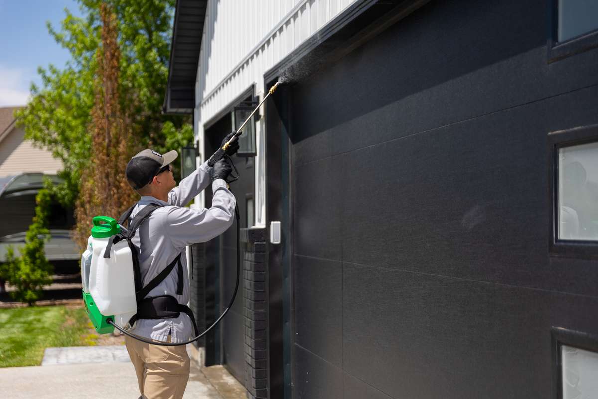Pest control technician inspecting the exterior foundation of a residential home for potential pest entry points.