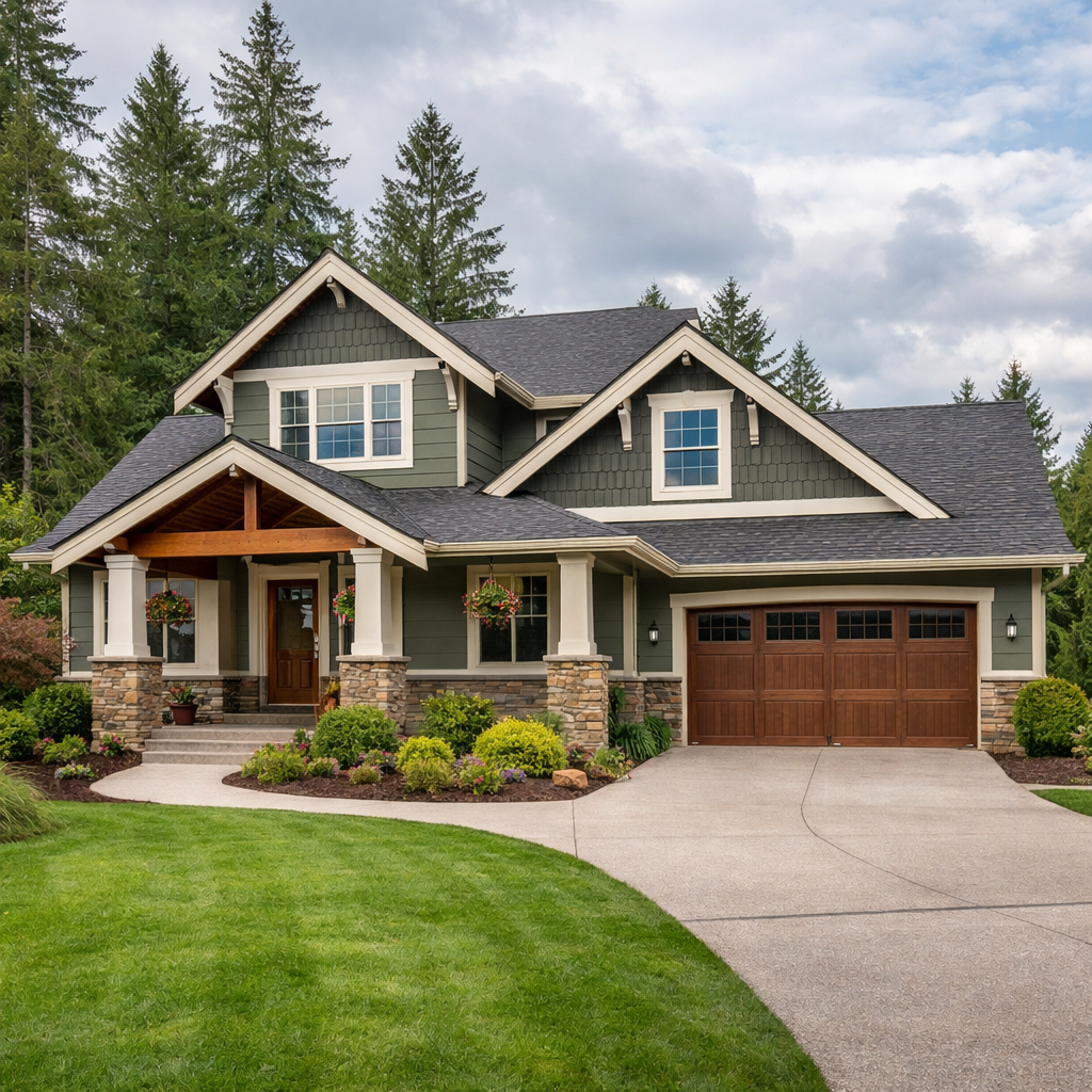 Beautiful craftsman-style home in Tacoma Washington surrounded by evergreen trees, representing homes protected by proper crawl space moisture control and maintenance.