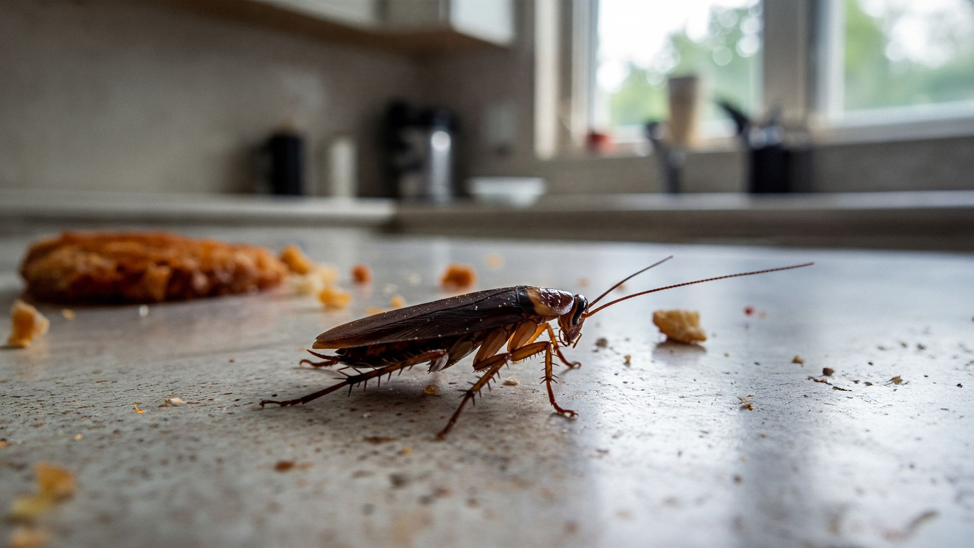 Cockroach in a humid crawl space where moisture attracts insects.