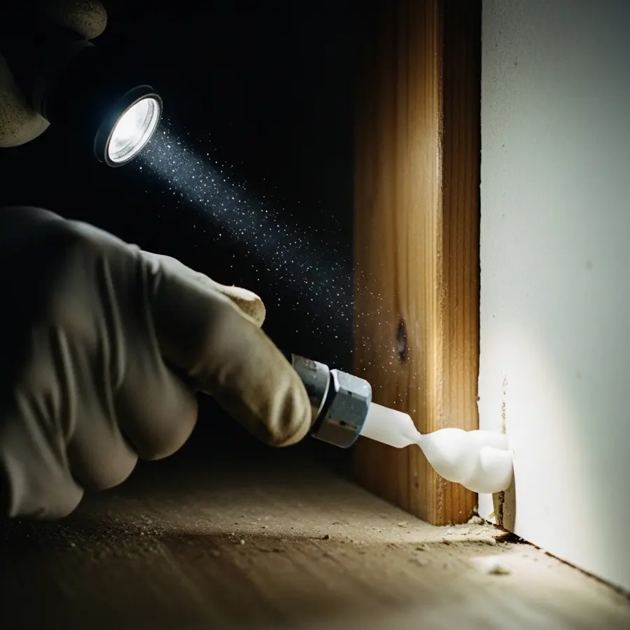 Pest control technician inspecting an interior wall for small gaps where pests may enter.