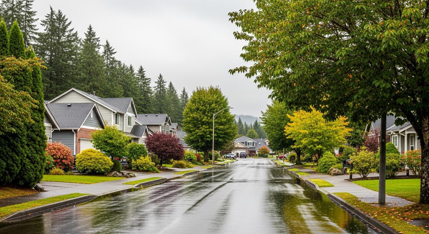 Tacoma Washington neighborhood with evergreen trees and cloudy weather