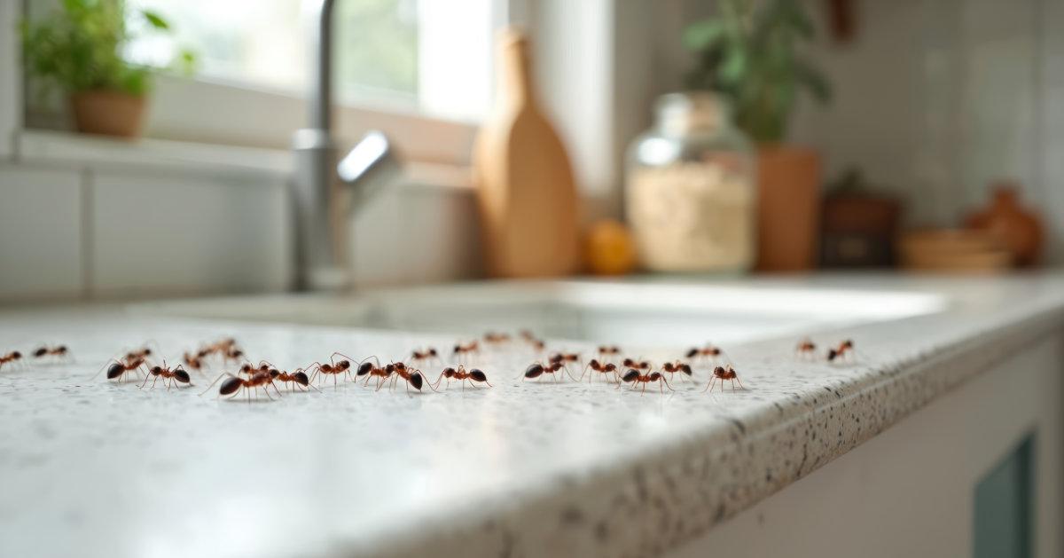 small ant trail along clean kitchen countertop after rainfall