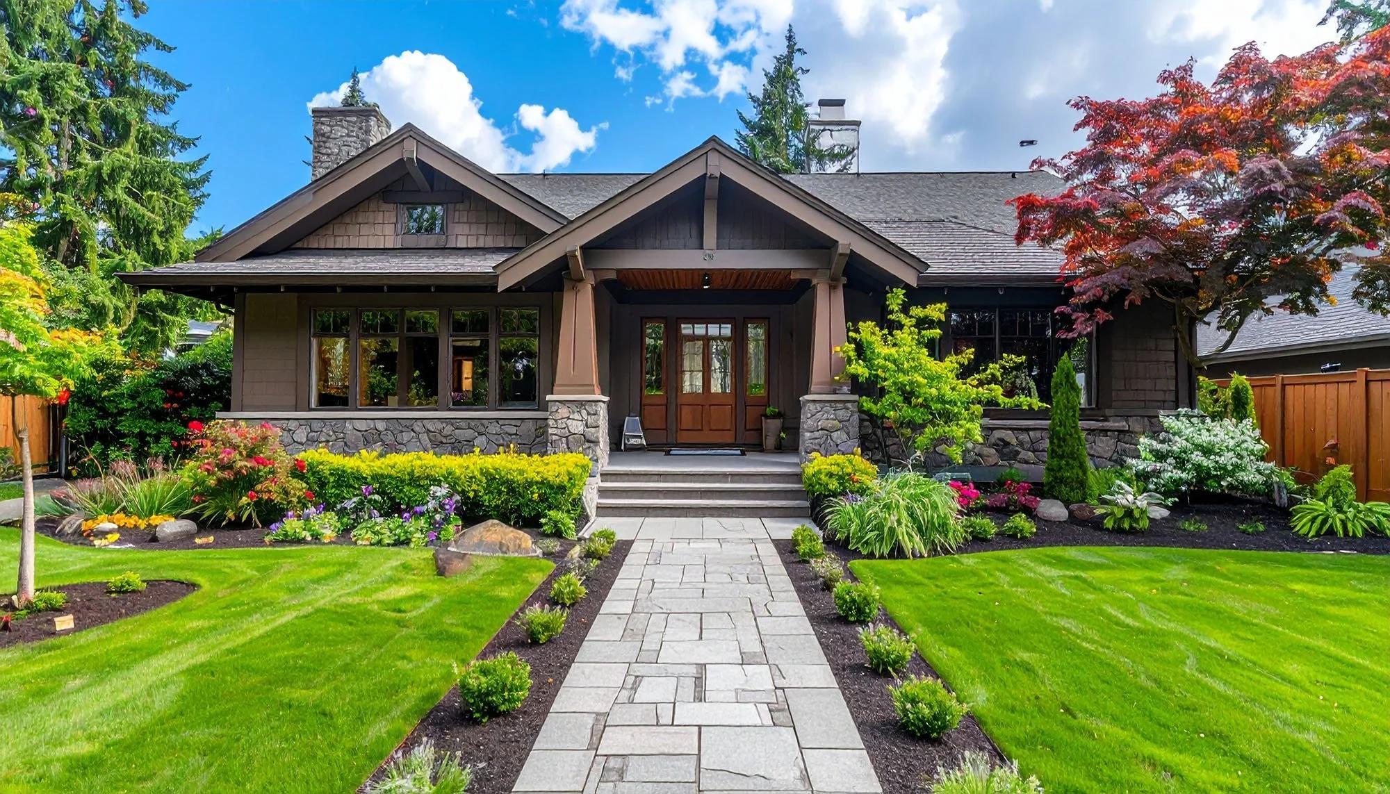 luxury craftsman home with professionally landscaped foundation