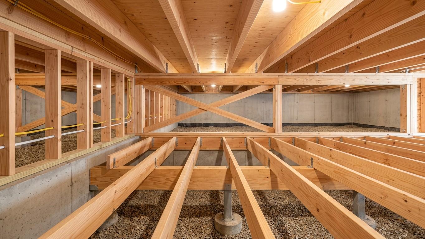 Healthy-looking wooden floor framing above naturally dry crawl space ground.