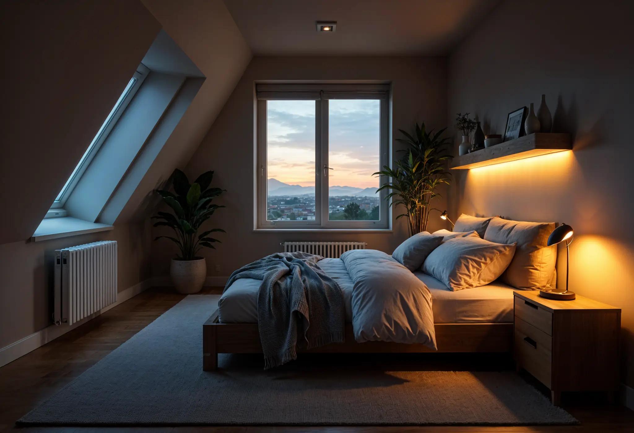 Quiet upstairs bedroom located beneath a residential attic.