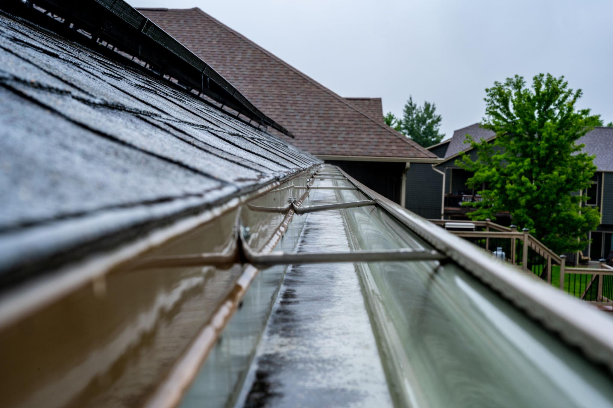 Tacoma home roofline after rainfall during wet Pacific Northwest weather.