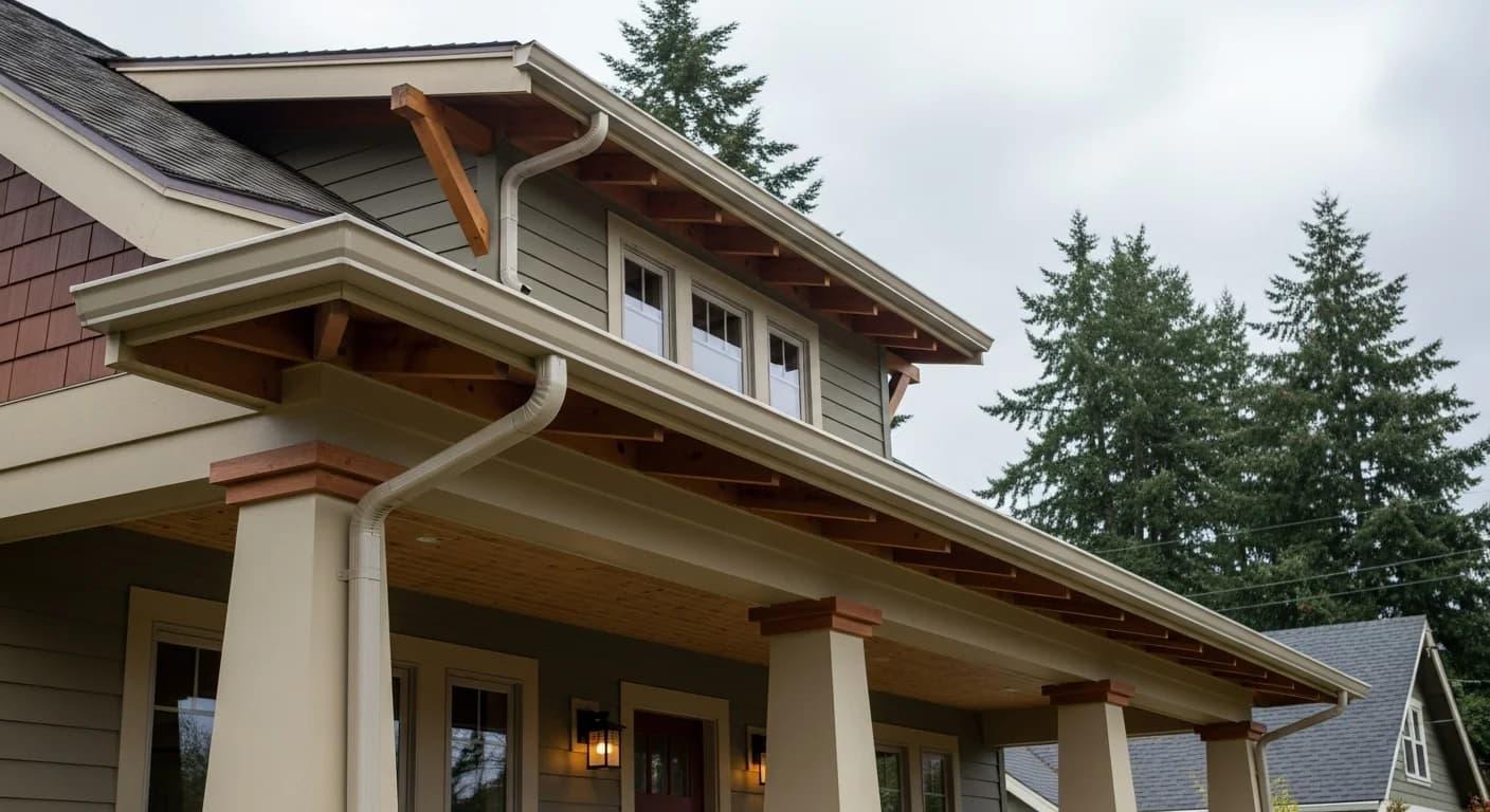 Roof, gutter and downspout forming part of a residential drainage system.
