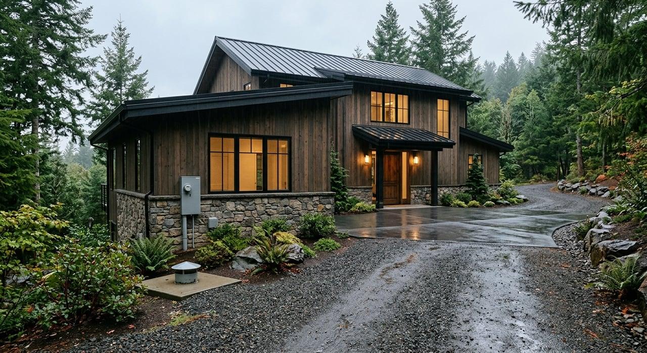 Tacoma-style home with damp foundation landscaping after rain.