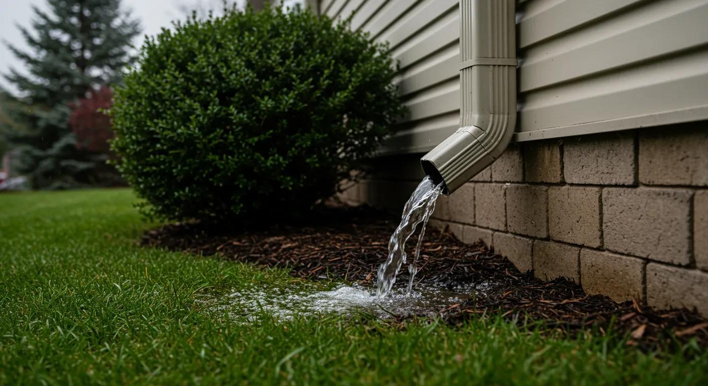 Rainwater leaving a downspout near the foundation and lower exterior of a home.