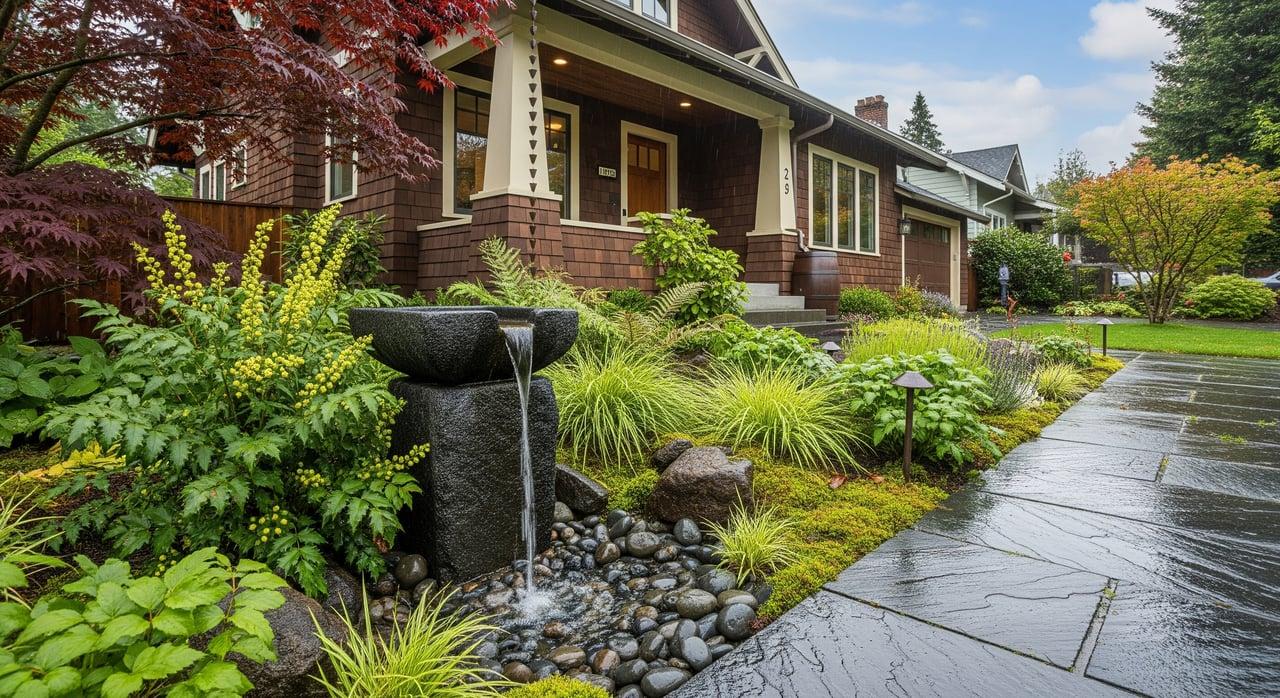 Low-lying landscaping holding rainwater beside a Pacific Northwest home.