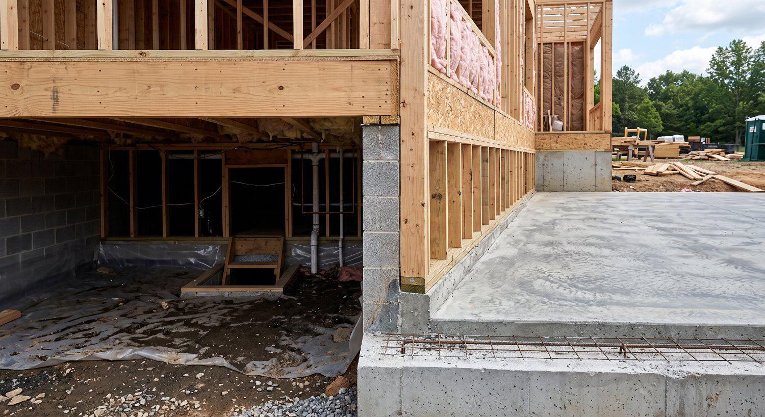 Transition between older and newer crawl space construction beneath a home addition.