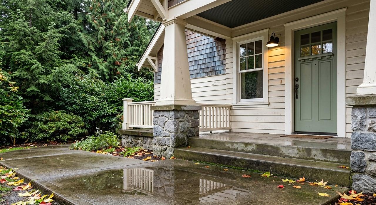 Damp ground around a residential home after cool fall rainfall.