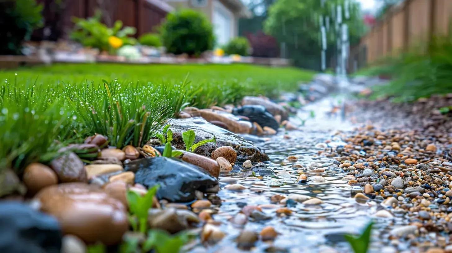 Rainwater moving across landscaping before gradually soaking into the soil.