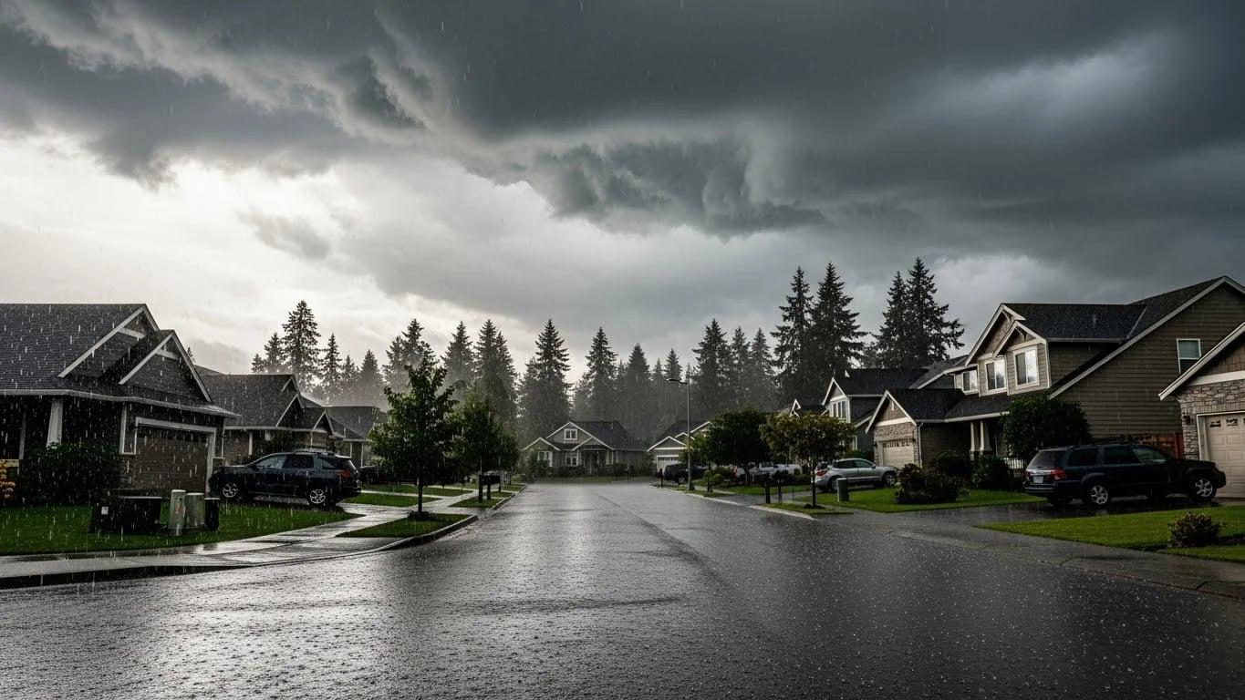 Rain-wet driveway and landscaping as another storm develops over a Pacific Northwest home.