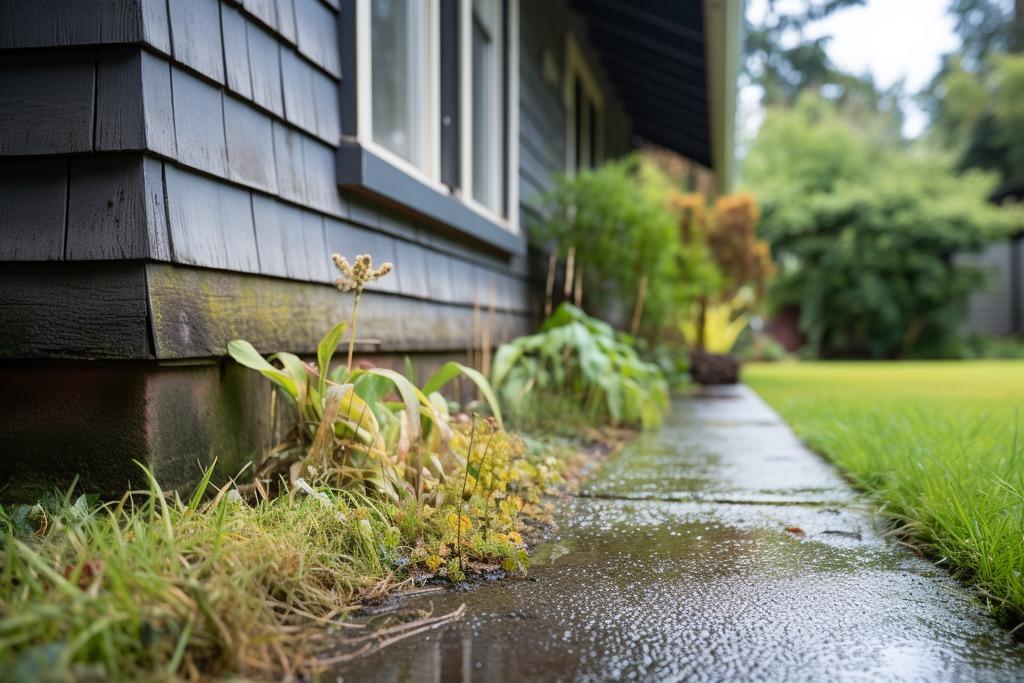 Damp soil collecting near a Tacoma home's foundation after rainfall. Damp soil collecting near a Tacoma home's foundation after rainfall.