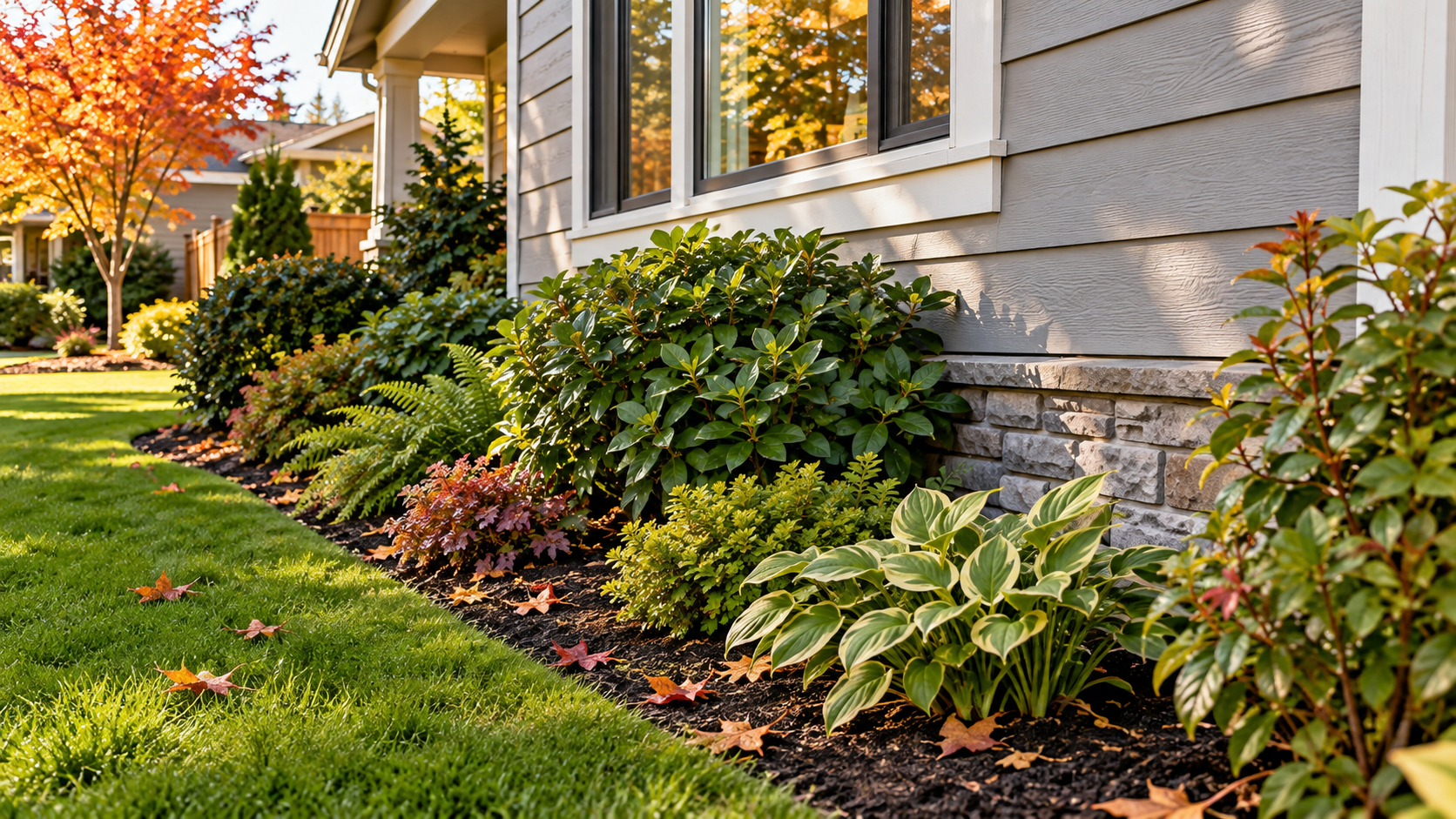 Landscaped garden bed with shrubs and ornamental plants growing along the foundation of a Pacific Northwest home during fall. Landscaped garden bed with shrubs and ornamental plants growing along the foundation of a Pacific Northwest home during fall.