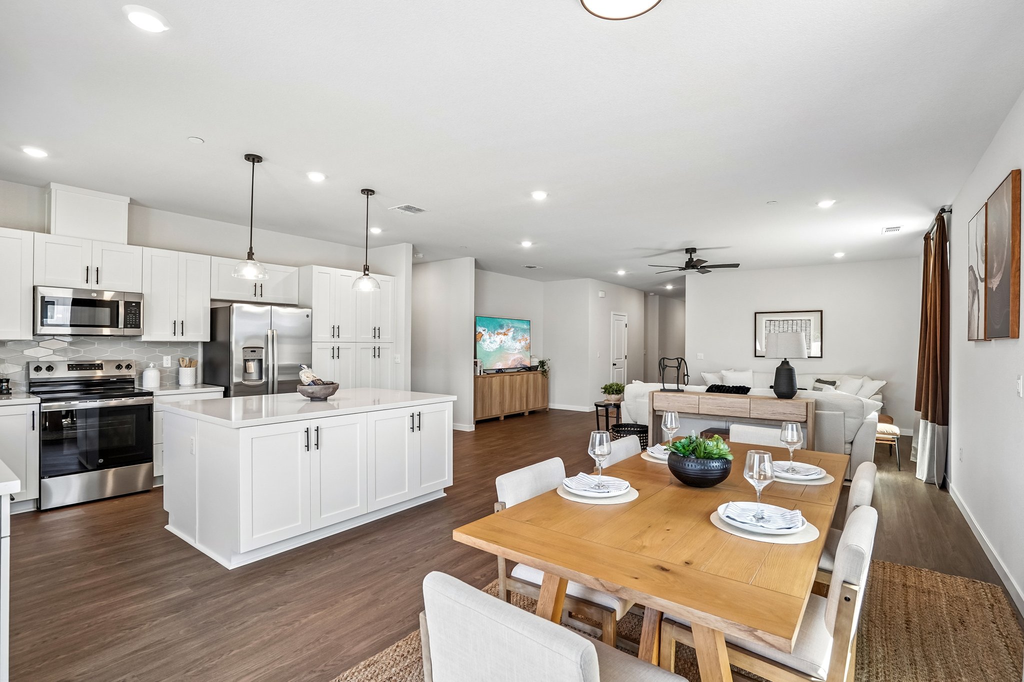 Plan 3 model: Open living, kitchen and dining