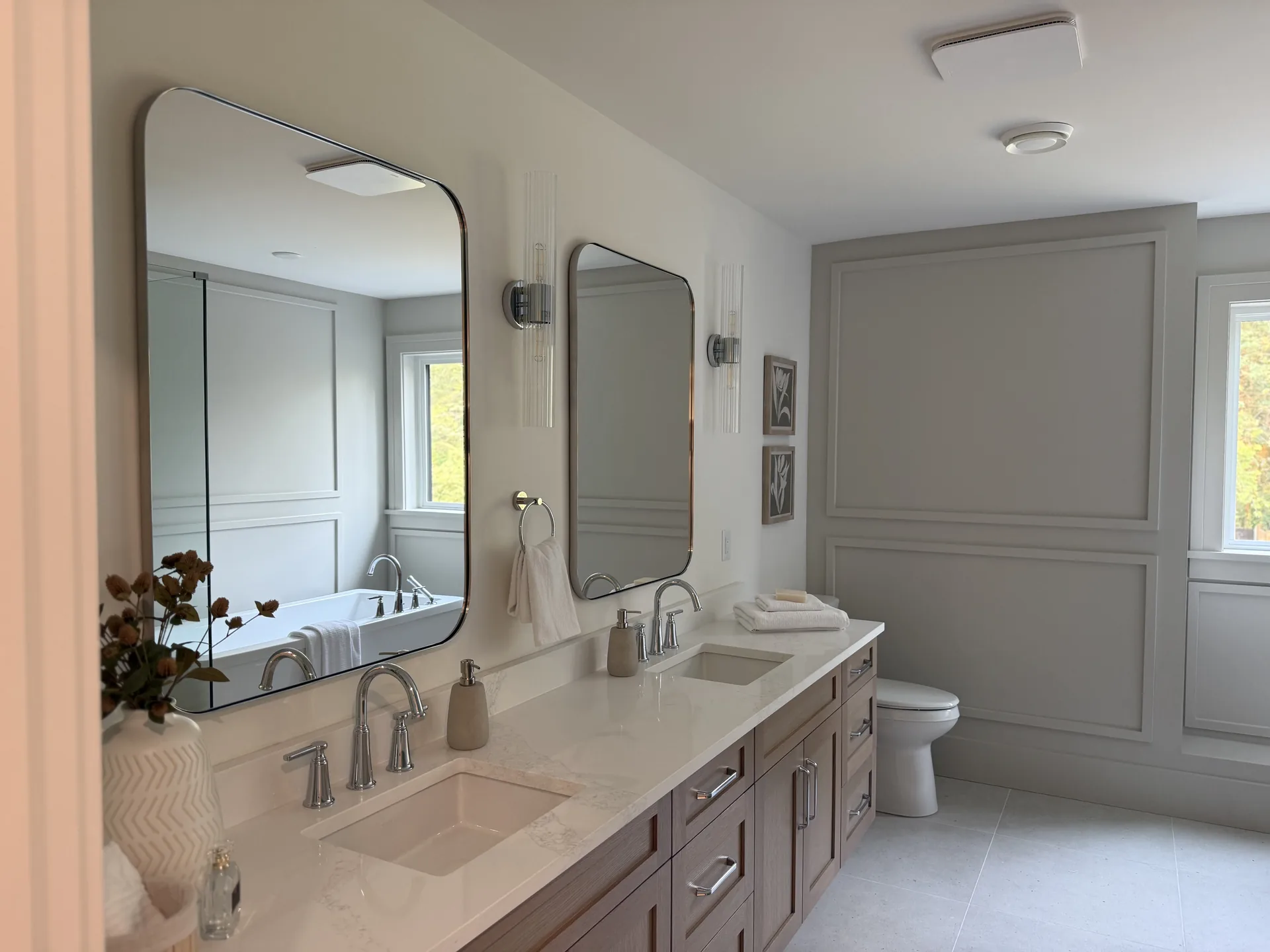 Ensuite double vanity with panelled walls, interior painting