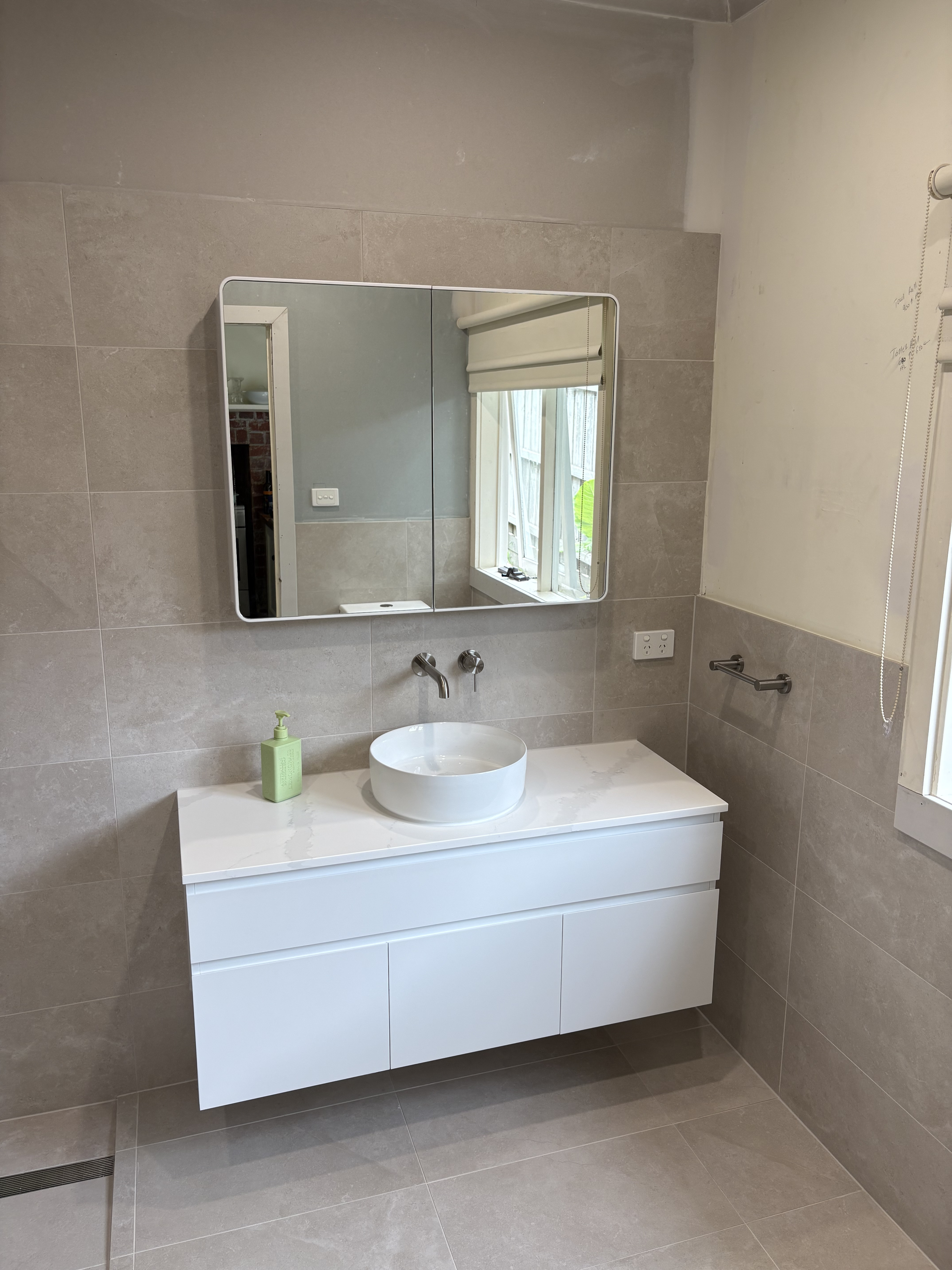 Warm Stone Floating Vanity Bathroom photo 1