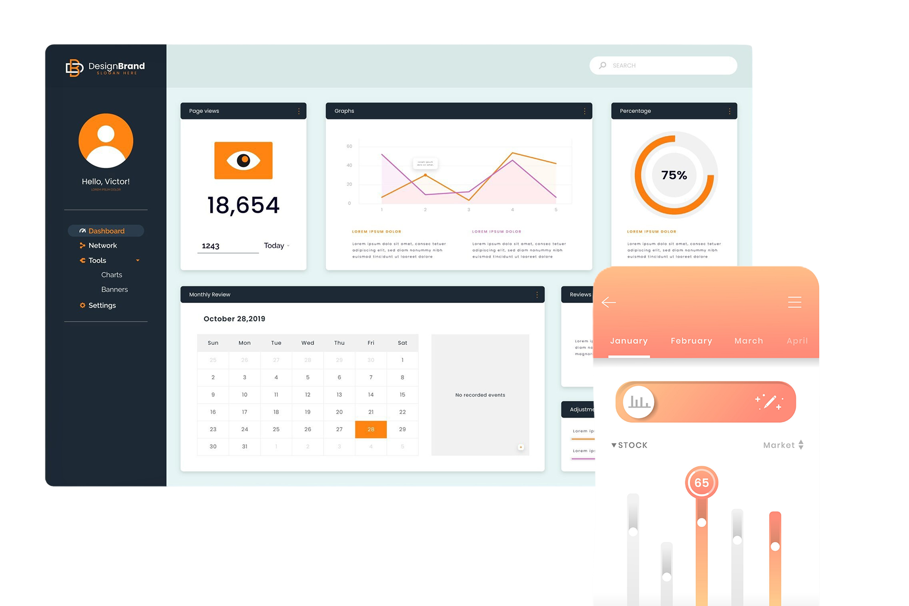 Dashboard interface displaying user statistics, graphs, monthly calendar, and performance metrics for marketing analytics.
