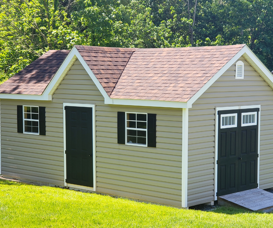Shed with a green door and black shutters, surrounded by lush greenery, representing the importance of structured environments for effective marketing strategies.