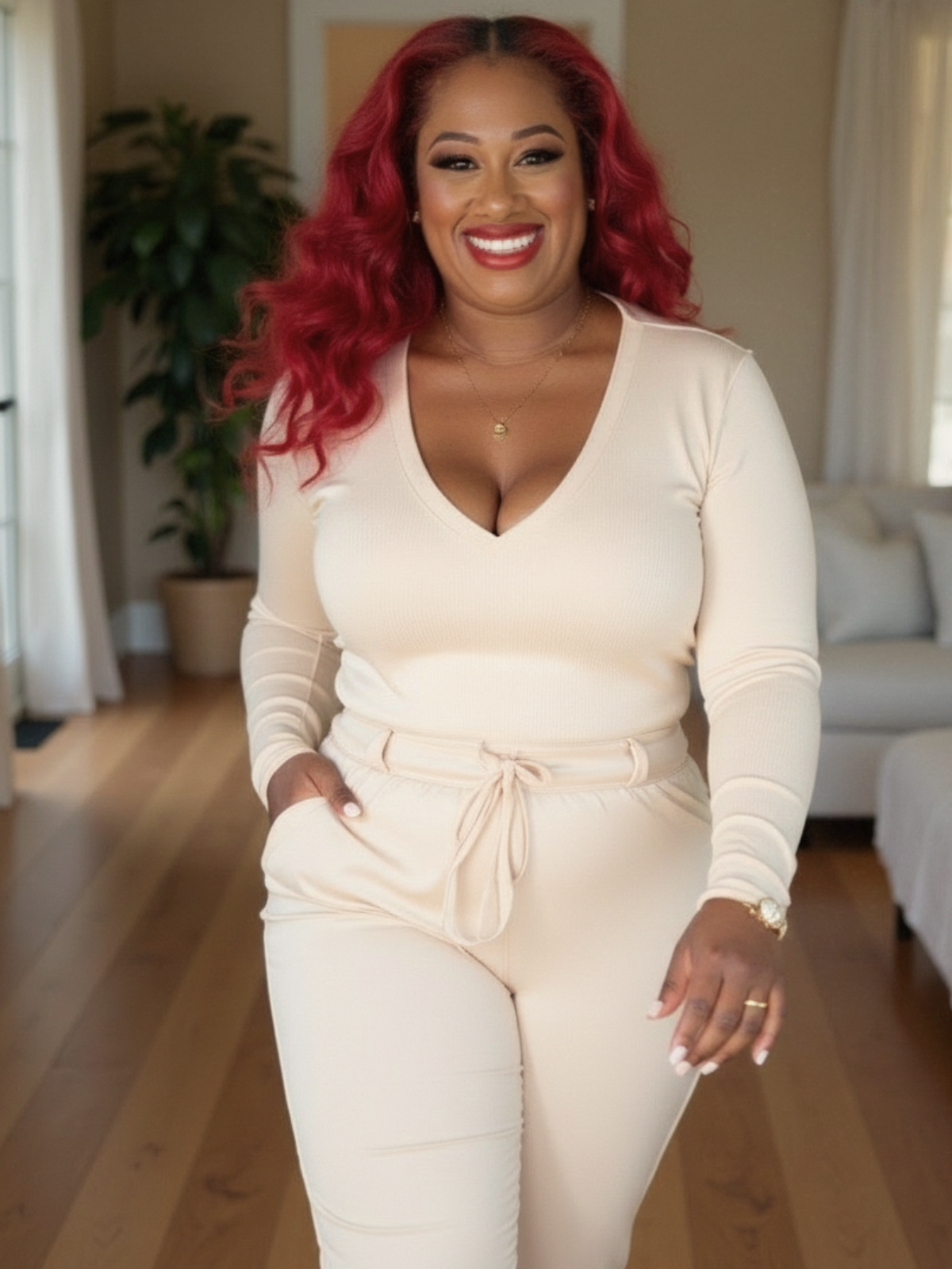 Tameda standing in her home