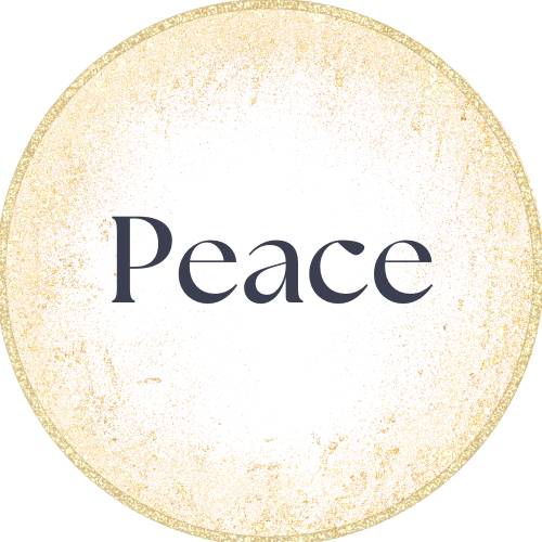 The word peace in a gold circle