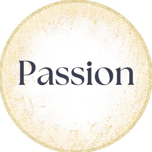 the word passion in a gold circle